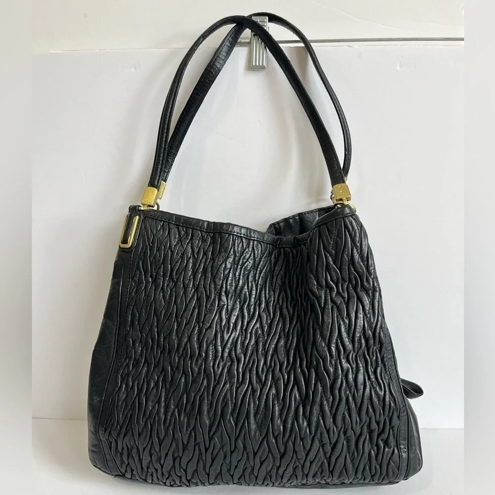 Coach Black Leather Madison Phoebe Gathered Twist Tote Bag